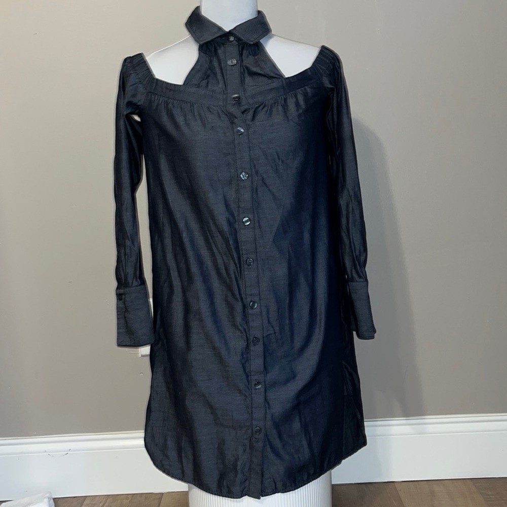 BCBGMAXAZRIA cold shoulder long sleeve button up dress dark blue XS - Picture 1 of 15